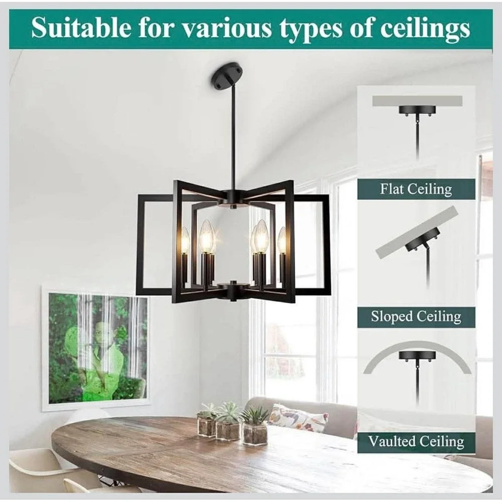 6Light Black Chandelier, Farmhouse Dining Room Light Fixture, Large Modern Ch...